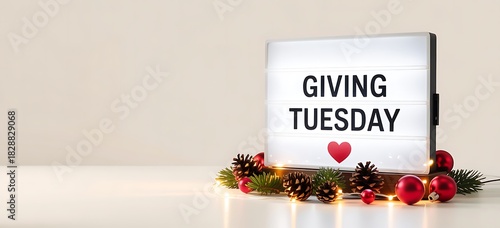 Illuminated lightbox displaying giving tuesday with a red heart symbol surrounded by festive christmas decorations and warm lights