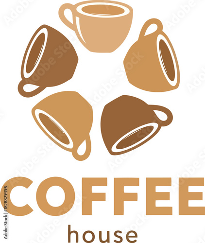 Creative coffee house logo design with cups arranged in a circle and typographic elements vector