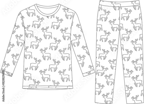 Pajama set with reindeer pattern for kids sleepwear apparel design template flat lay