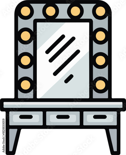 Vanity mirror with bright round light bulbs and a dressing table vector illustration for beauty and makeup concepts