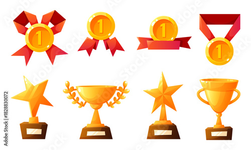 A collection of various award trophies and medals. Includes gold cups, stars, and ribbons. Represents achievement and competition.
