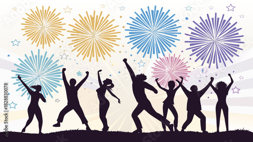 New Year Party People Silhouettes Dancing with Colorful Fireworks Background – Festive Vector Illustration in Bold Black Crowd Style for Celebration Posters, Event Banners and Holiday Graphics
