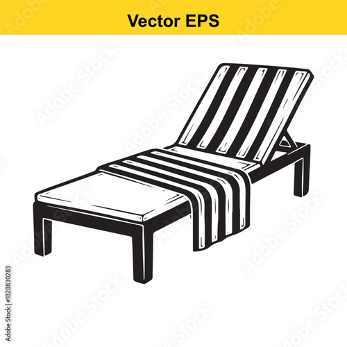Black and white vector sketch of a wooden beach lounge chair with striped fabric