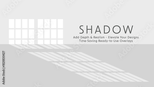 Minimalist vector art of large grid windows casting long diagonal shadows across grey floor, soft daylight interior overlay design for modern presentations and branding mockups