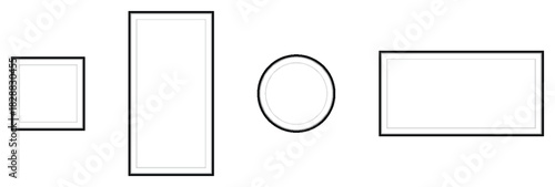 Minimal line art set of empty square, tall vertical rectangle, circular badge, and wide horizontal banner frames in black outline on clean white background