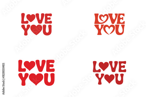Four red love you text and heart silhouettes