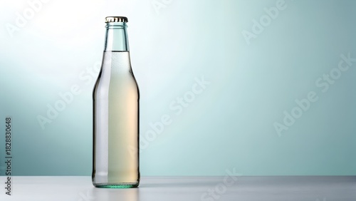 Clear Glass Bottle With Carbonated Beverage And Bubbles Against Soft Blue Background