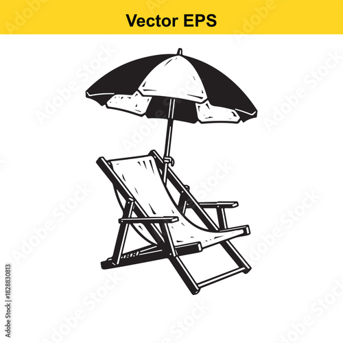 Black and white sketch of a beach chair and sun umbrella isolated on