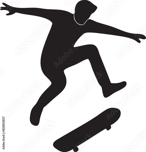 Skateboarder's Silhouette: A daring skateboarder, caught mid-air in a gravity-defying trick, silhouetted against a neutral backdrop, showcasing skill and energy.