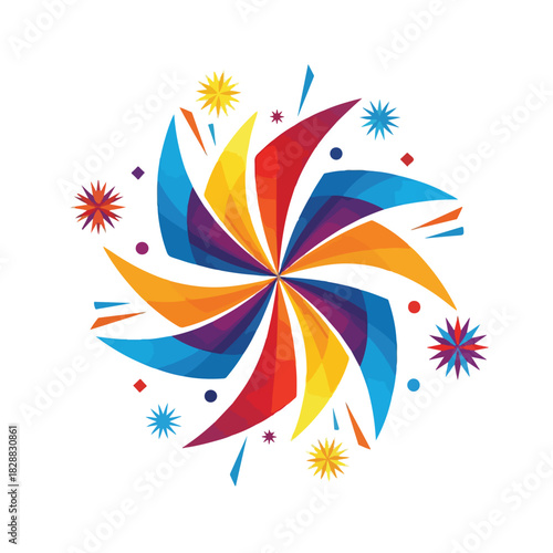 A colorful digital illustration of a stylized pinwheel with multicolored petals and sparks on a white background. Perfect for celebrations, greeting cards, and party decorations.