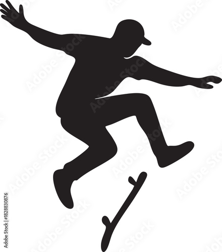 Skateboard Silhouette Action: A dynamic silhouette of a skateboarder executing a mid-air jump, showcasing the energy, skill, and freedom of the sport. 