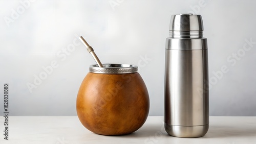 Traditional Gourd Mate Cup with Bombilla and Modern Thermos Bottle on Table