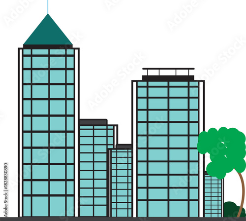 Simple illustration of several modern city skyscraper buildings with green glass windows and a small tree