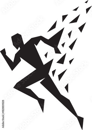 Dynamic Runner: A modern silhouette of a sprinting individual in motion, embodying speed and progress, with fragmented elements suggesting movement and energy.