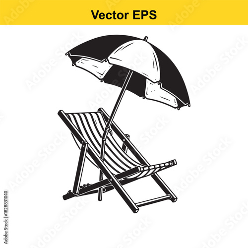 Black and white vector illustration of a beach deck chair with umbrella isolated on