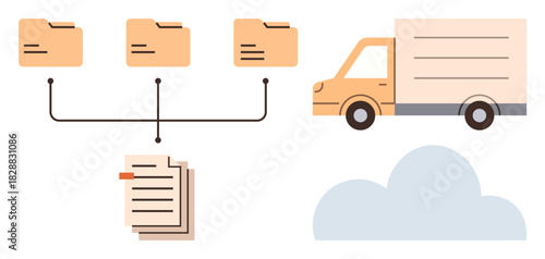 Connected folders, files, moving truck, and cloud icon depict data transfer, backup, logistics, digital storage. Ideal for organization, cloud computing logistics technology data transfer