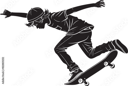 Dynamic Skateboarder Silhouette: A skilled skateboarder executes a daring maneuver, captured in a dynamic silhouette.