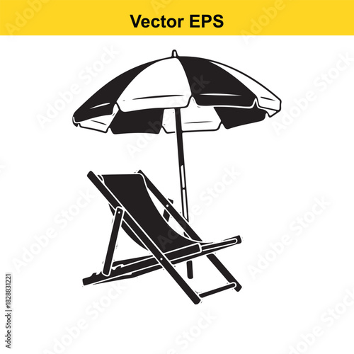 Black and white vector illustration of beach chair and sun umbrella isolated on