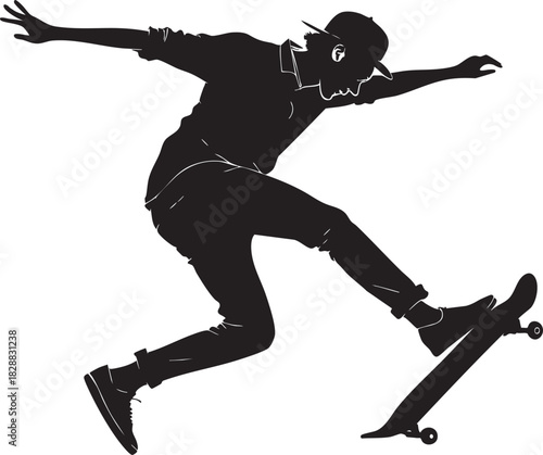 Skateboarder Silhouette in Action: Capturing a dynamic moment of a skateboarder mid-trick, highlighting the balance and agility involved in the sport.