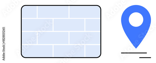 Blue map pin next to light brick wall illustration symbolizing location, structure, navigation, safety, planning, exploration, and guidance. Ideal for digital maps, geolocation tools urban design