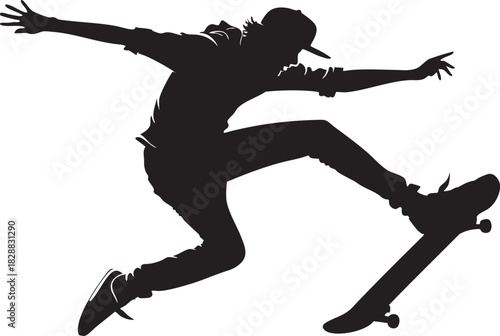 Silhouette Skateboarder: The silhouette of a skateboarder executing a dynamic trick against a clean background, embodying the freedom and thrill of urban action sports.