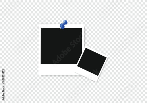 Vintage Blank white polaroid instant photo frame pinned with a blue pushpin thumbtack, 
Blank Retro Snapshot Template Isolated on transparent background, PNG
