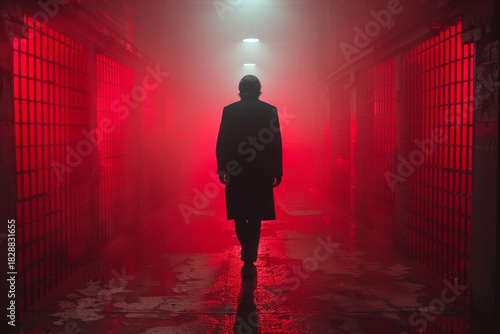 Mysterious figure walks through a foggy, red-lit prison corridor at night