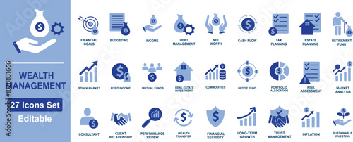 Wealth Management and Financial Icon Set including Retirement Planning, Income, Debt, Trust, Tax, and Asset Growth symbols for Banking, Investment, and Fintech website Infographics and Digital Present