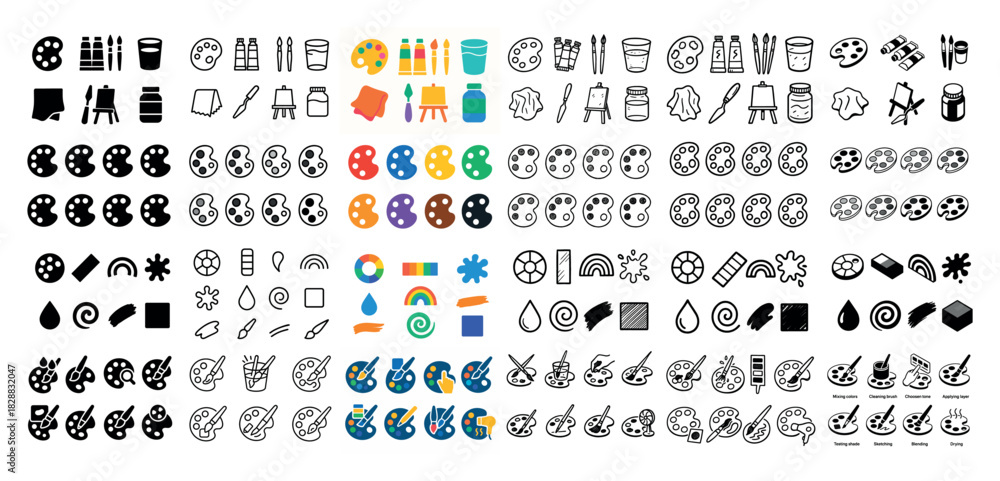 Fototapeta premium Colorful artist tools icon set