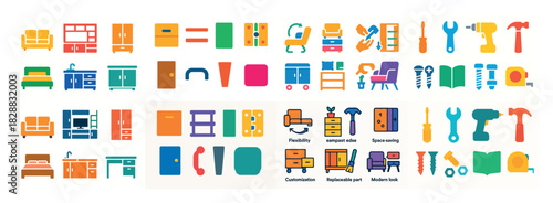 Colorful household and tool icons set