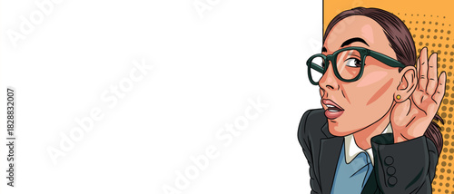 A surprised pop art girl eavesdrops on an empty banner