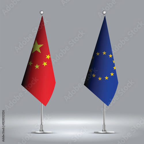 Two Standing Flags Representing EU vs CHINA with Flags on Bodies 