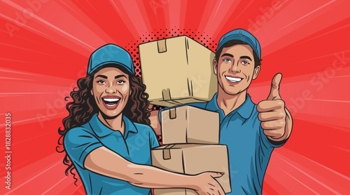 Pop art style girl and boy courier with boxes 