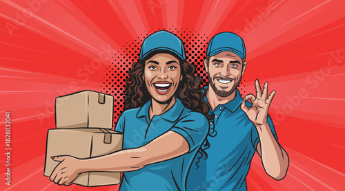 Pop art style girl and boy courier with boxes smiling