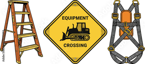 Safety Equipment Illustration: Ladder, Harness, and Warning Sign
