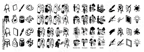 Art activities and materials icons set