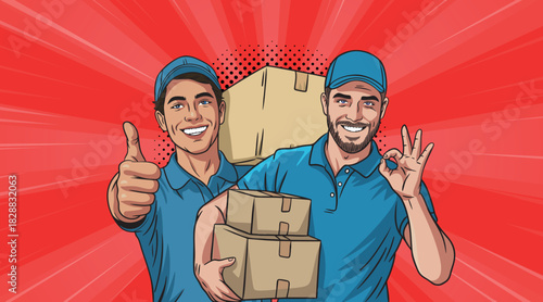 Two pop art style delivery guys with boxes smiling