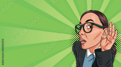 A surprised pop art girl eavesdrops 