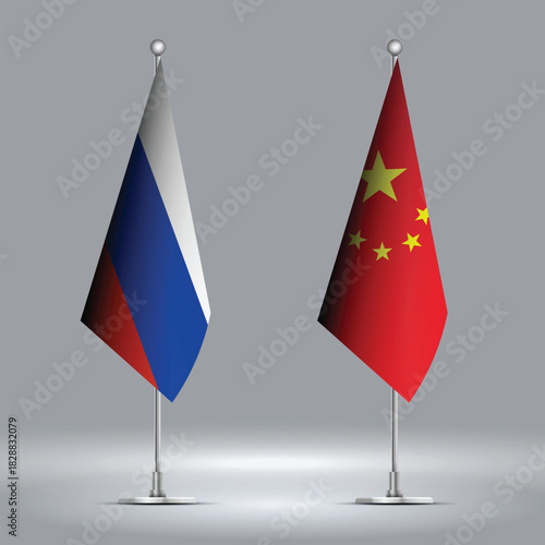 Two Standing Flags Representing Russia vs China with Flags on Bodies 