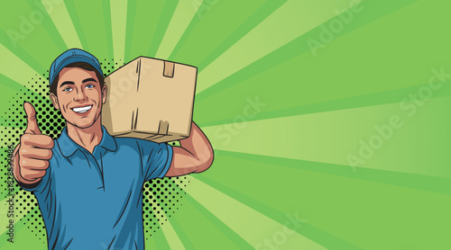 A loader guy, a courier in pop art style with boxes, shows a well-made