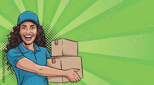 A pop art style female loader or courier with boxes smiles 