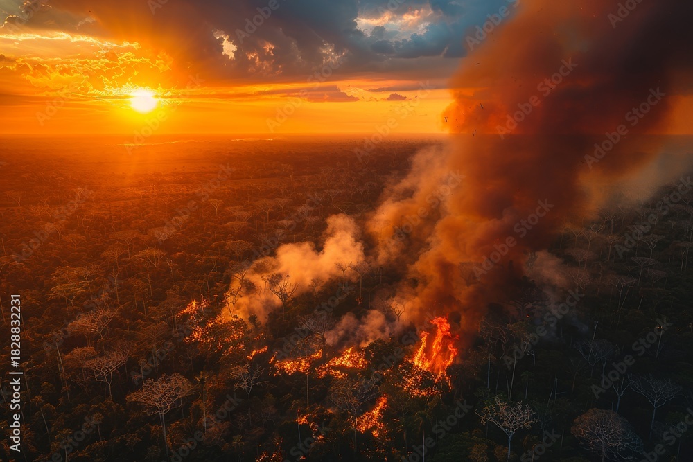 Obraz premium Forest fire in the Amazon rainforest during sunset with smoke and flames rising into the sky