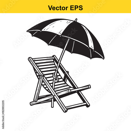 Black and white sketch of a beach deck chair under a striped umbrella