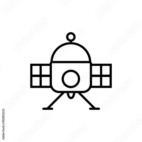Space Drone Line Icon: outline icon of a space drone or satellite probe with solar panels. Suitable for aerospace, satellite communications and technology visuals.
