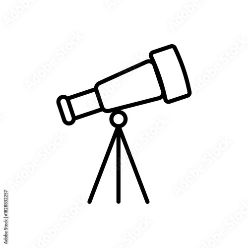 Telescope Line Icon: minimalistic line icon of an astronomical telescope on a tripod. Suitable for space, science and observation themed designs.