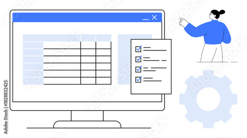 Computer screen displaying a spreadsheet and checklist, user pointing toward tasks, large gear. Ideal for productivity, organization, workflow, data management, planning analytics teamwork. Simple