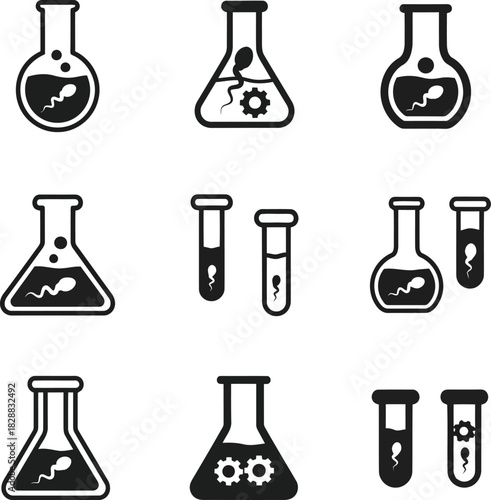 Collection of scientific laboratory glassware icons featuring flasks and test tubes with bubbles and gears vector