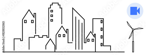 City skyline with diverse building shapes and wind turbine symbolizing renewable energy. Blue video call icon represents digital connectivity. Ideal for sustainability, smart cities, remote work