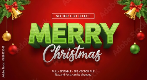 Merry christmas text effect on red background, green 3d lettering, white script, pine branches, golden bells, and colorful ornaments