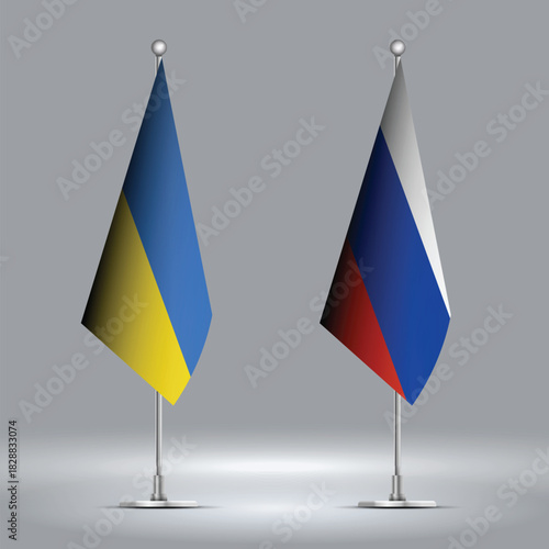 Two Standing Flags Representing Russia vs Ukraine with Flags on Bodies 